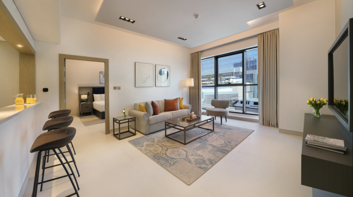 Open plan living area at Cheval Maison, The Palm Dubai | Rental Living News UAE